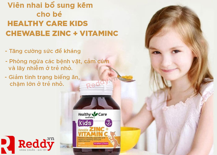 Công dụng vien nhai bổ sung kẽm cho bé healthy care kids chewable zinc vitamin c